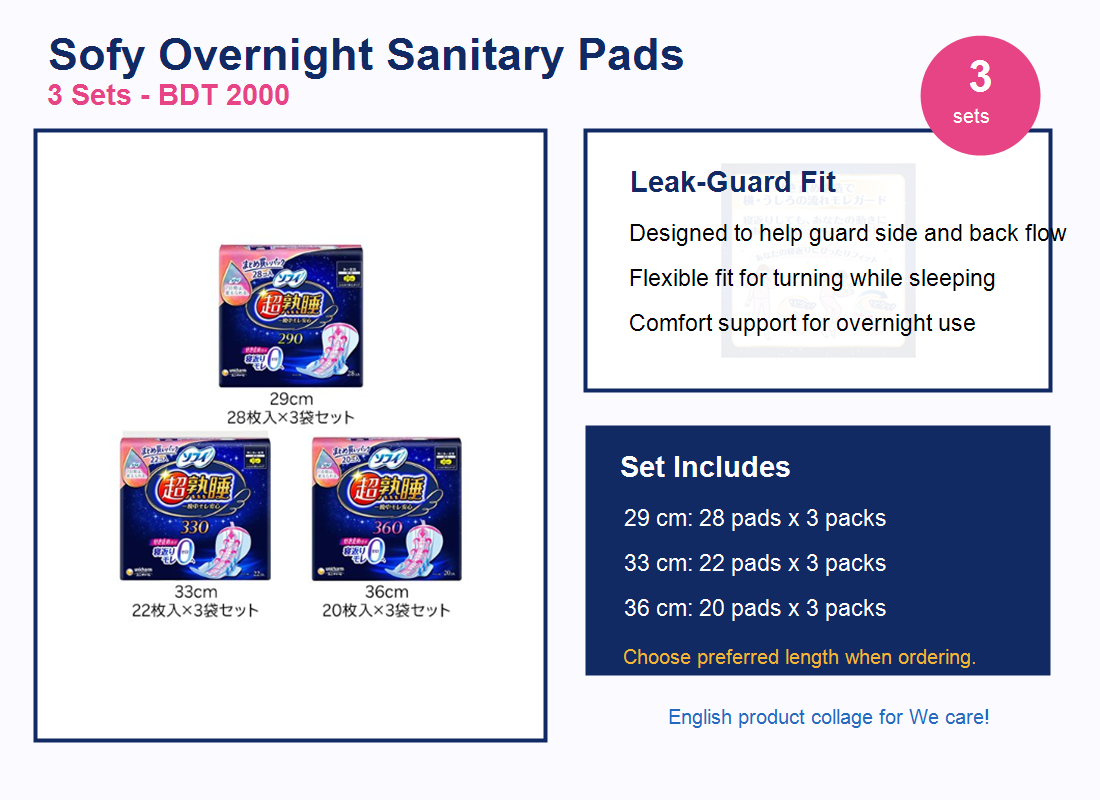 Sofy overnight sanitary pad 3-set English collage